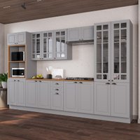 Armário de Cozinha Modulada Completa Fidelitá Nara 100% MDF 6 Peças 350cm 18 Portas 2 Gavetas Com Tampo e Rodapé Titânio