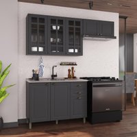 Armário de Cozinha Modulada Compacta Fidelitá Nara 100% MDF 3 Peças 200cm 8 Portas 2 Gavetas Sem Tampo Chumbo