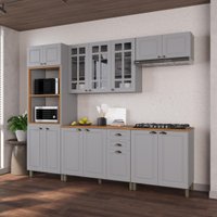 Armário de Cozinha Modulada Completa Fidelitá Nara 100% MDF 5 Peças 270cm 14 Portas 2 Gavetas Com Tampo Titânio