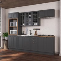 Armário de Cozinha Modulada Completa Fidelitá Nara 100% MDF 5 Peças 270cm 14 Portas 2 Gavetas Sem Tampo e Rodapé Chumbo