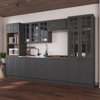 Armário de Cozinha Modulada Completa Fidelitá Nara 100% MDF 6 Peças 350cm 18 Portas 2 Gavetas Sem Tampo e Rodapé Chumbo
