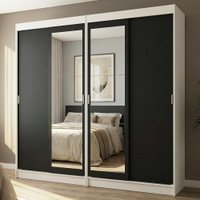 Conjunto 2 Guarda-Roupas 4 Portas de Correr com 2 Espelhos Branco/Preto Tokio Madesa