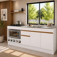 Kit Balcão de Cozinha para Pia e Cooktop/Forno com Rodapé 190cm Veneza Multimóveis MP2328 Branco/Dourado