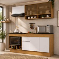 Armário de Cozinha Modulada Completa com Balcão e Rodapé 190cm Veneza Multimóveis MP2453 Madeirado/Branco