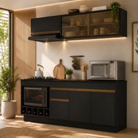 Armário de Cozinha Modulada Completa com Balcão e Rodapé 190cm Veneza Multimóveis MP2458 Preto