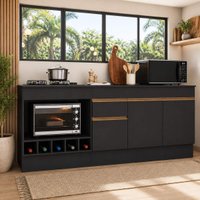 Kit Balcão de Cozinha para Pia e Cooktop/Forno com Rodapé 190cm Veneza Multimóveis MP2995 Preto/Dourado