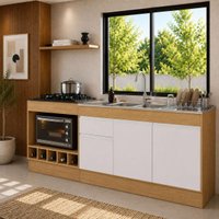 Kit Balcão de Cozinha para Pia e Cooktop/Forno com Rodapé 190cm Veneza Multimóveis MP2328 Madeirado/Branco