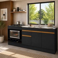 Kit Balcão de Cozinha para Pia e Cooktop/Forno com Rodapé 190cm Veneza Multimóveis MP2328 Preto/Dourado