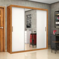 Guarda-Roupa Casal com Espelhos 3 Portas de Correr e 4 Gavetas 186cm Multimóveis CR35570 Madeirado/Branco