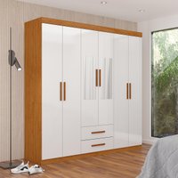 Guarda-Roupa Solteiro com Espelhos 6 Portas e 2 Gavetas 153cm Multimóveis CR35569 Madeirado/Branco