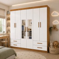 Guarda-roupa Infantil com Espelho 6 Portas e 4 Gavetas 177cm Multimóveis CR35561 Madeirado/Branco