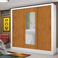 Guarda-Roupa Casal com Espelhos 3 Portas de Correr e 3 Gavetas 179cm Multimóveis CR35564 Branco/Madeirado