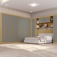 Guarda-Roupa Casal Modulado de Canto com 13 Portas Espaço para Cama Multimóveis Madeirado/Cinza