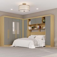 Guarda-Roupa Casal Modulado de Canto com Espelhos 9 Portas 2 Gavetas Multimóveis Madeirado/Cinza