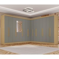 Guarda-Roupa Casal Modulado Canto com Espelho 15 Portas 6 Gavetas Multimóveis Madeirado/Cinza