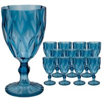 Conjunto 12 Taças De Vidro Azul Diamond 350ml Drinks Sucos Refrigerantes Águas Copo Cálice