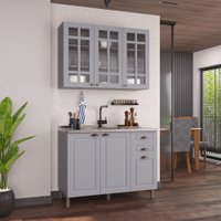 Cozinha Compacta Bariloche 6 Portas 2 Gavetas 3 Prateleiras com Vidro 100% Mdf Titânio Fosco - Indékes
