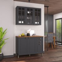Cozinha Compacta Bariloche 6 Portas 2 Gavetas com Vidro e Pés 100% Mdf Cinza - Indékes
