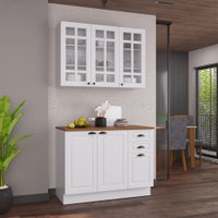 Cozinha Compacta Bariloche 6 Portas 2 Gavetas com Vidro e Tampo 100% Mdf Branco - Indékes