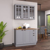 Cozinha Compacta Bariloche 6 Portas 2 Gavetas com Vidro e Tampo 100% Mdf Titânio Fosco - Indékes