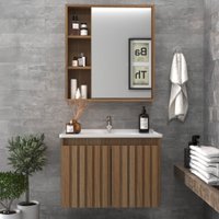 Armário de Banheiro Alpes 60 Cm 3 Portas 100% Mdf Ripado com Espelho Noce - Belizze Móveis