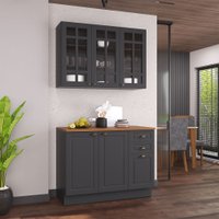 Cozinha Compacta Bariloche 6 Portas 2 Gavetas com Vidro e Tampo 100% Mdf Cinza - Indékes