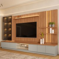 Estante para TV até 75 Polegadas Magnum 6 Portas 2 Gavetas com Led Canela/Gris Fosco - Linea Brasil