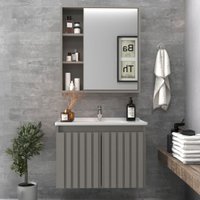 Armário de Banheiro Alpes 60 Cm 3 Portas 100% Mdf Ripado com Espelho Cimento - Belizze Móveis