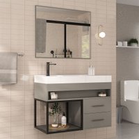 Armário de Banheiro New 80 Cm 2 Gavetas 100% Mdf com Espelho Cimento - Belizze Móveis