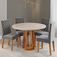 Mesa de Jantar 4 Lugares Kalen com Vidro Mel/Off White/Cinza - Viero Móveis