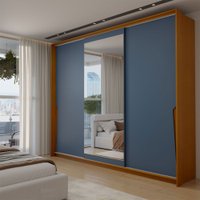 Guarda-Roupa Casal Mônaco 3 Portas 4 Gavetas com Espelho Freijó/Azul - Panorama Móveis