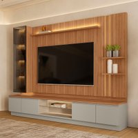 Estante para TV até 75 Polegadas Magnum 3 Portas 2 Gavetas com Led Canela/Gris Fosco - Linea Brasil
