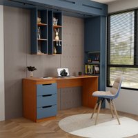 Mesa para Escritório Madri 3 Gavetas Azul/Freijó - Panorama Móveis