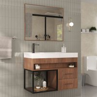 Armário de Banheiro New 80 Cm 2 Gavetas 100% Mdf com Espelho Noce - Belizze Móveis
