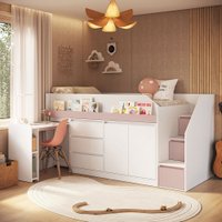 Cama Infantil Estação 4 Portas 4 Gavetas com Escrivaninha Branco/Rosa - Completa Móveis