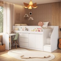 Cama Infantil Estação 4 Portas 4 Gavetas com Escrivaninha Branco - Completa Móveis