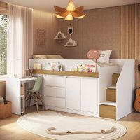 Cama Infantil Estação 4 Portas 4 Gavetas com Escrivaninha Branco/Carvalho Xingu - Completa Móveis