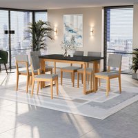 Conjunto Sala de Jantar Dora em Madeira Maciça Com 6 Cadeiras Boucle Cinza