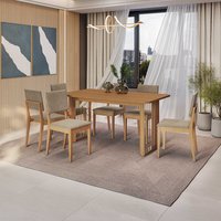 Conjunto Sala de Jantar Dora em Madeira Maciça Com 6 Cadeiras Linho Fendi