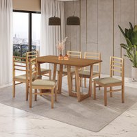 Conjunto Sala de Jantar Elisa em Madeira Maciça Com 6 Cadeiras Boucle Bege