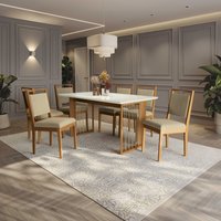 Conjunto Sala de Jantar Lina em Madeira Maciça C/6 Cadeiras Boucle/Bege