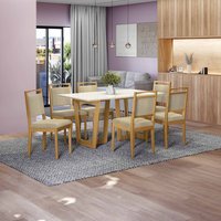 Conjunto Mesa de Jantar Lina em Madeira Maciça Com 6 Cadeiras Boucle/Bege