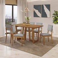 Conjunto Mesa de Jantar Dora em Madeira Maciça Com 6 Cadeiras Boucle/Cinza