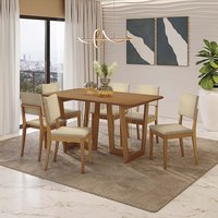 Conjunto Sala de Jantar Dora em Madeira Maciça 6 Cadeiras Boucle Bege CSJ325CA