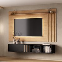 Conjunto Rack Preto Touch e Painel Parede Cedro Linea Carraro