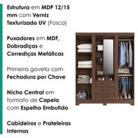 Guarda Roupa Casal Com Espelho 3 Portas 3 Gavetas Capelinha 166 cm Branco Absoluto ZANZ