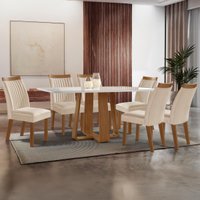Conjunto Mesa de Jantar com Vidro e 6 Cadeiras 160cm Multimóveis CRLJM-CON030 Madeirado/Off White