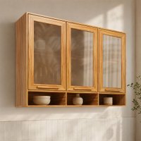 Armário Aéreo Cozinha 120 cm Trebbiano 3 Portas 100% Mdf com Vidro Amêndoa - Rio Doce