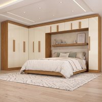 Guarda Roupas Modulado Closet de Canto Quarto Completo 14 Portas Espaço Cama Queen 1,58m Madrid Madeirado/Off White