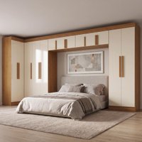 Guarda Roupas Modulado Closet de Canto Quarto Completo 13 Portas Espaço Cama Queen 1,58m Madrid Madeirado/Off White